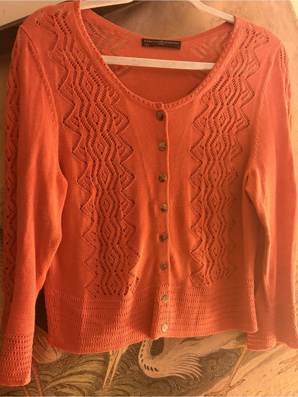 * Peruvian Connection Salmon Pink Rose Crochet Stitch Cardigan Sweater Medium *
